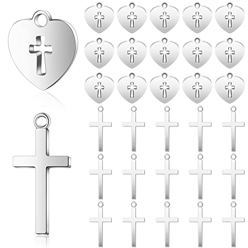 100 Pcs Silver Cross Charms 60 Small Cross Charms for Jewelry Making 40 Heart Shaped Religious Charms Mini Metal Christian Charms for DIY Crafts Necklace Bracelet Earring Keychain Supplies