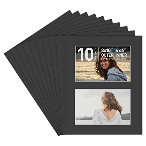 Golden State Art, Bevel Cut Mats for Two Photos, Acid-Free White Core for Photographs, Prints, Artworks - Great for Graduations, Baby Showers, Frames (Black, 8x10 Mats for 4x6 Pictures, Pack of 10)
