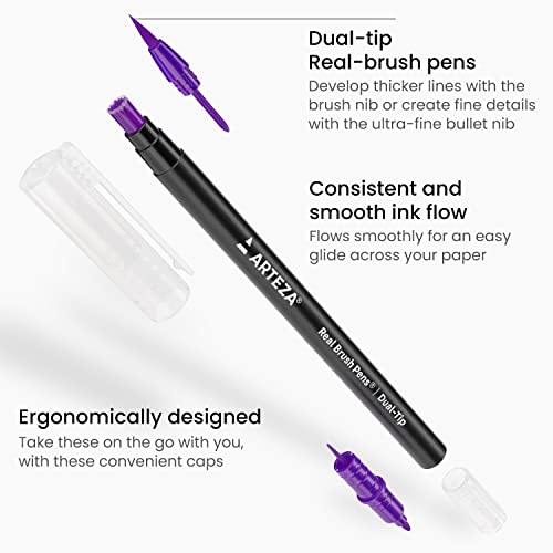 Arteza Real Brush Pens, 36 Dual-Tip Watercolor Markers with Flexible Nylon Brush Tips, Professional Watercolor Pens for Painting, Drawing, Coloring with Water Brush