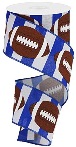 Football Striped Wired Ribbon - 10 Yards (Blue, White, 2.5")
