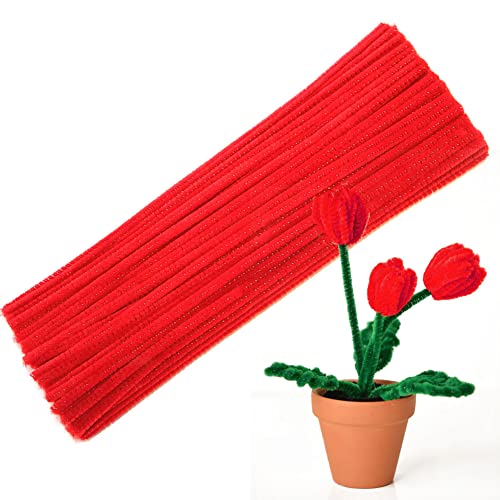 100Pcs Red Pipe Cleaners Chenille Stem for DIY Crafts,Arts,Wedding,Home,Party,Holiday Decoration 6 mm x 12 Inch