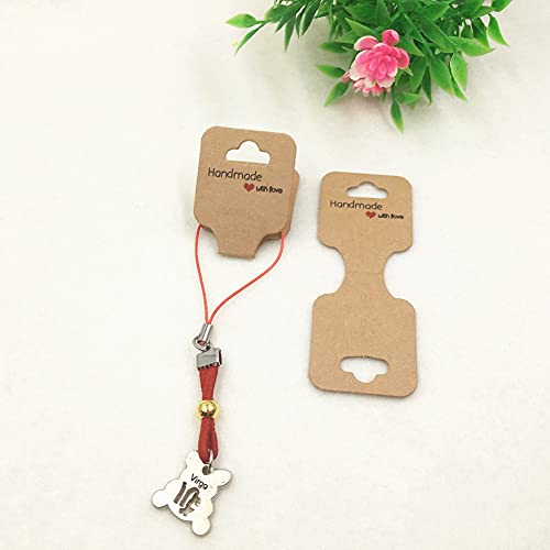 AKOAK 100 Pcs 9cm x 3.5cm Kraft Paper Necklace Bracelet Earring Packaging Display Card"Handmade with Love" Printing Creative Jewelry Display Card (Brown)