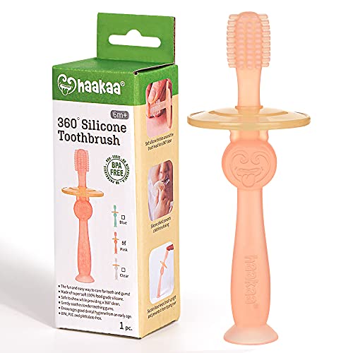 haakaa 360° Silicone Baby Toothbrush with Suction Base Infant to Toddler Toothbrush, Food Grade Silicone, 1pc (Pink)