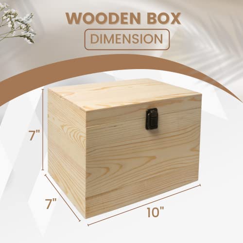 (1-Pack) 10x7x7-Inch Large Unfinished Wooden Box with Hinged Lid & Front Clasp for DIY Art Project Crafts Woodcraft Keepsake - Easy to Stain Paint Wood Burning