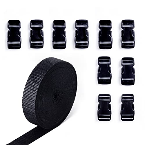 DTXUP Buckle Straps 1 Inch 10 Yards Polypropylene Webbing Strap Band with 10 Set 1 inch Side Release Plastic Buckles + 10 Tri-Glide Slides Clips, Straps with Clips Black Updated Version