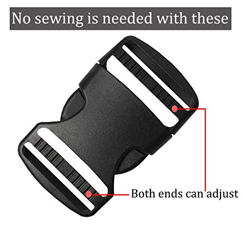 Plastic Buckle 1 1/2 Inch - Double Adjustable Quick Side Release Replacement Clip for Webbing Strap - Black, 6 Sets