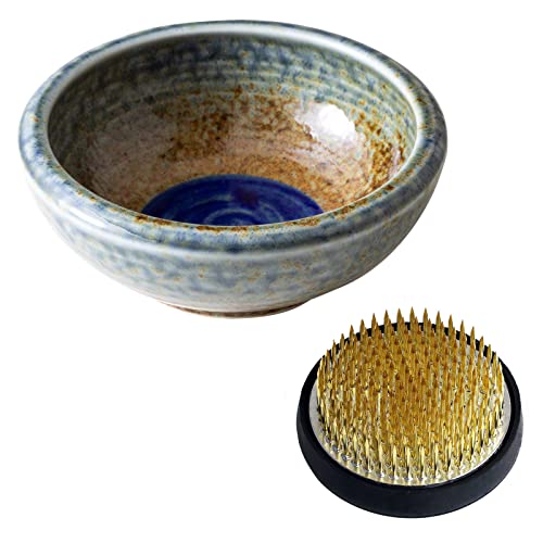 Wazakura Minoyaki Series Japanese Ikebana Essential Tool Kit with Small Round Ceramic Flower Vase and Kenzan Pin Frog for Floral Arranging - Brown & Blue Vase + 2in (61mm) Brass Kenzan