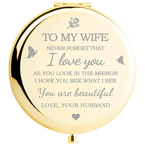 Gifts for Wife - I Love You Wife Gift Gold Compact Mirror - Romantic Gifts for Her Birthday, Wedding Anniversary, Valentines Day, Mothers Day, or Christmas