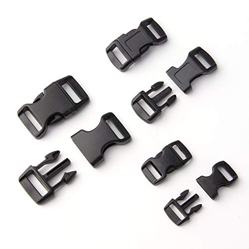 JIAKAI 60 pcs -5/8, 1/2, and 3/8 inch Black Plastic Contoured Side Release Buckles For Paracord Bracelets(20 Each)