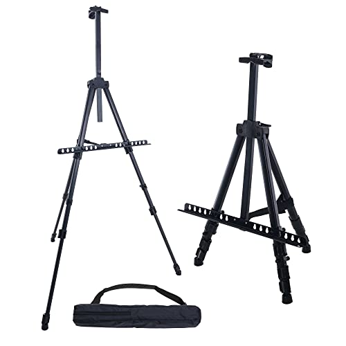 U.S. Art Supply - 66 Inch Sturdy Black Aluminum Tripod Artist Field and Display Easel Stand - Adjustable Height 20" to 5.5 Feet, Holds 32" Canvas - Floor and Tabletop Displaying, Painting