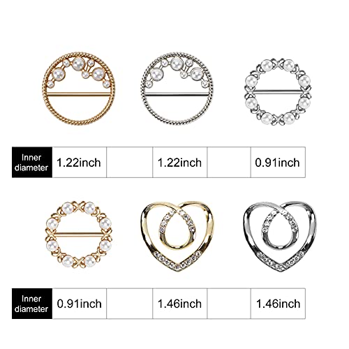 6PCS Silk Scarf Ring Clip Shirt Ties Clips for Women Waist Buckle Fashionable Glitter Rhinestone Scarves Clasp Lady Clothing Ring for T-Shirts Gold & Silver 3 Styles Zinc Alloy