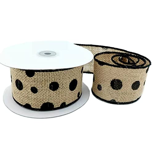 CSZD RIBBON Natural Burlap Wired Ribbon with Polka Dot 2.5inch Wide 10Yards Wired Burlap Ribbon for Christmas Tree Wreath Gift Wrapping Bows Crafts Floral Festive Farmhouse Party Decor (Black Dots)