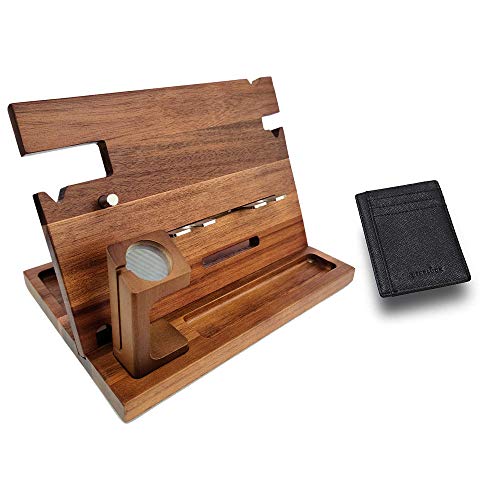 Eterluck Wooden Docking Station Men, Nightstand Organizer Bundle w/ RFID Blocking Leather Wallet - Charging Station, Cell Phone Stand, Tablet Stand, Husband Gifts from Wife, for Dad - Walnut