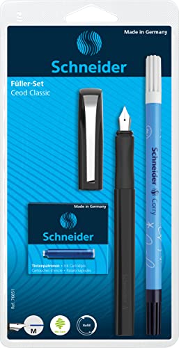 Schneider Ceod Classic Fountain Pen M (Medium), Iridium Tip, Black Barrel, Eraser Pen, Pack of 6 Royal Blue Erasable Ink Cartridges (76851)