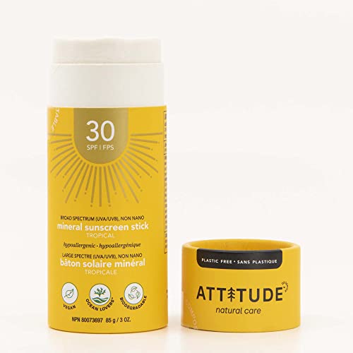 ATTITUDE Sunscreen Stick, Broad Spectrum UVA/UVB, Plant and Mineral-Based Formula, Vegan and Cruelty-free Sun Care Products, Body, SPF 30, Tropical, 3 Ounces