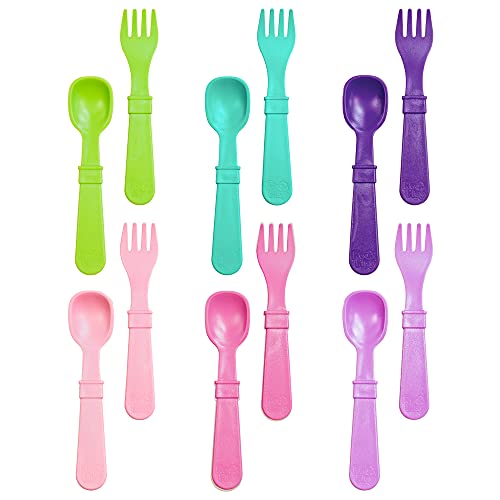 RE-PLAY Made in USA 12pk Fork and Spoon Utensil Set for Baby & Toddler Feeding in Aqua, Lime, Blush, Pink, Purple & Amethyst |BPA FREE| Made of Eco Friendly Recycled Milk Jugs| Fairytale