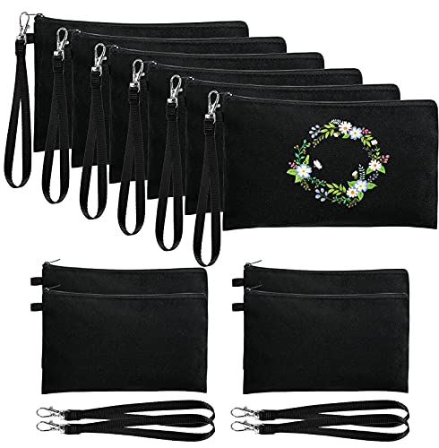 Sntieecr 10 Pack Black Cosmetic Bags Sublimation Blank Heat Transfer Makeup Bags with 10 Pieces Wristband Lanyards for DIY Craft Travel Pencil Bags (8.3 x 5.1 Inch)