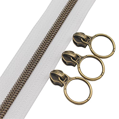 YaHoGa #5 Antique Brass Metallic Nylon Coil Zippers by The Yard Bulk White Tape 10 Yards with 20pcs Sliders for DIY Sewing Tailor Craft Bag (Anti-Brass White)