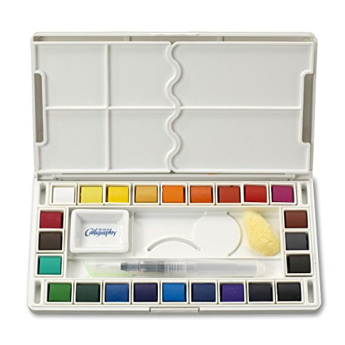 Jerry Q Art 24 Assorted Water Colors Travel Pocket Set- Quality Refillable Water Brush with Sponge - Easy to Blend Colors - Built in Palette - Perfect for Painting On The Go JQ-124