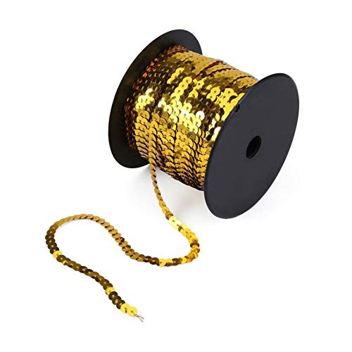 Aysekone 100 Yards 6mm Metallic Shiny Trim Sewing String Spangle Flat Round Sequins Sewing Paillette String in Roll for Wedding Craft（Gold）