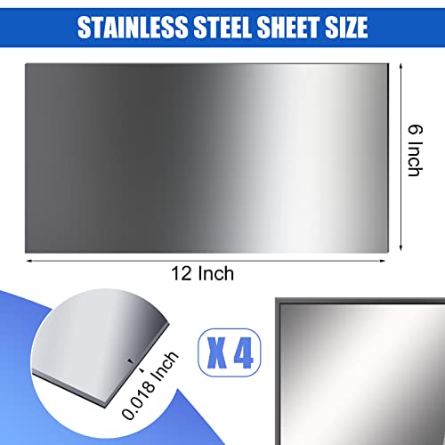 Stainless Steel Sheet, Metal Sheet for Crafting, Flat Sheets of Metal for Kitchen DIY Craft Making (4 Pcs, 12 x 6 x 0.018 Inch)