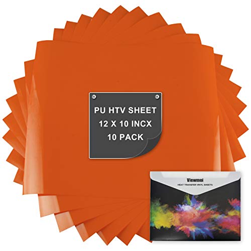 PU Heat Transfer Vinyl (HTV): 10 Pack 12" x 10" Sheets，HTV Vinyl Pack for T Shirts & Other Fabrics, Easy to Cut, Weed & Press (Orange, 10 Pack)