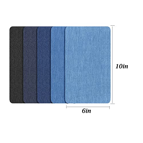 Jeans Denim Patches, 10X6Inch Denim Patches for Jeans, Strongest Glue Denim Iron-on Jean Patches for Inside Jeans and Clothing Repair, 5 Colors（Dark Blue, Sky Blue, Black, Light Blue, Royal Blue）
