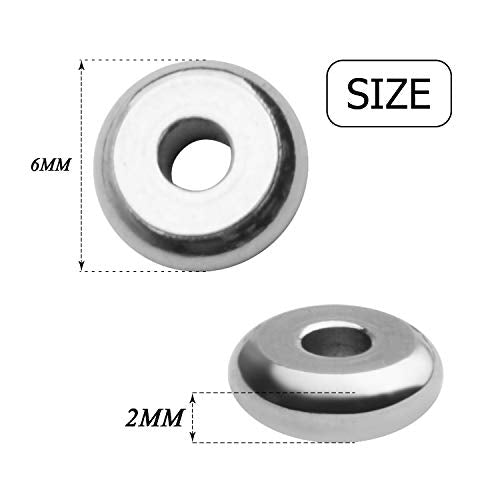 Rondelle Spacer Beads, 100pcs Flat Round Spacer Beads Stainless Steel Disc Rondelle Slices Beads Jewelry Metal Spacers for Bracelet Necklace Jewelry Making, 6x2mm