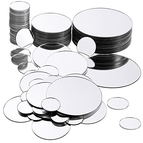 100 Pieces Mini Size Round Mirror Small Round Mirror Adhesive Mirror Round Craft Mirror Tiles for Crafts and DIY Projects Supplies, 1 Inch, 2 Inch, 3 Inch (Silver）