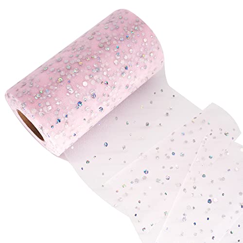 Glitter Tulle Fabric Rolls 6 Inch 50 Yards (150ft) Sparkling Ribbon Sequin Polka Dots Netting Spool for DIY Tutu Skirt Wedding Baby Shower Bow Easter Party Decoration Crafts, 21 Colors, Lt Pink