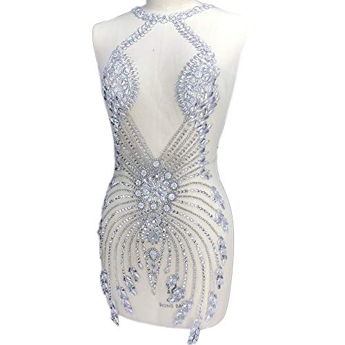 succi shan Handmade Rhinestone Beads Deep V Applique Crystal Patches for Wedding Dress