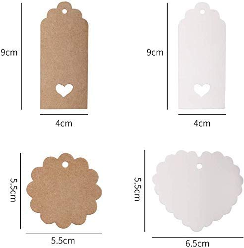 DIYASY 200pcs Kraft Gift Tags,Paper Tags Lovely Hollow Heart 3 Shape Hang Lable Wedding Favor Tags with 64 Feet Jute Twine and Cotton String Brown and White