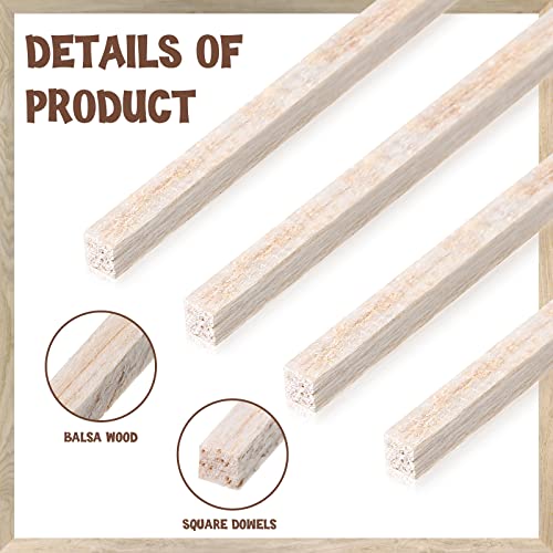 Balsa Wood Sticks 1/8 Inch Hardwood Square Dowels Unfinished Wood Strips Square Craft Sticks Long Wood Dowels Square Wooden Dowel Rod for DIY Craft Projects Supplies Models Making (100 Pieces)