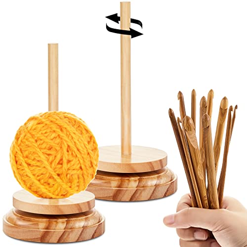 Juexica 2 Pcs Wood Yarn Holder with 12 Bamboo Crochet Hooks Wooden Twirling Mechanism Spinning Needles for Knitting Crocheting DIY Crafts Gifts, Wood Crochet Needles-037