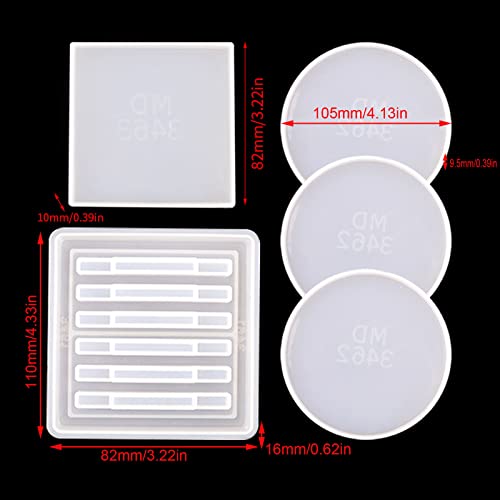 Szecl 4 Pcs Silicone Coaster Molds for Epoxy Resin with Coaster Organizer Holder Stand, 3 Pcs Round, 1 Pc Square Coaster Making Kit Resin Casting Mold for Handmade DIY Art Craft Office Desk Decoration
