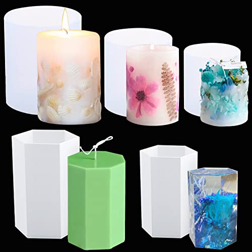 3 Pack Cylinder Candle Molds and 2 Pack Hexagon Shaped Candle Molds Cylinder Light Resin Mold for Making Candles, Soaps, Flower Specimen, Insect Specimen, DIY Clay Molds etc(5 Sizes)