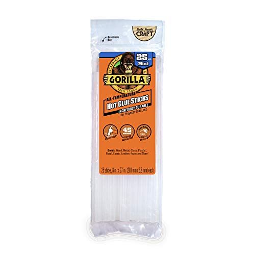 Gorilla Hot Glue Sticks, Mini Size, 8" Long x .27" Diameter, 25 Count, Clear, (Pack of 1)