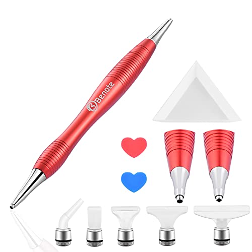 Benote Ergonomic Diamond Art Painting Pen, Metal Diamond Drill Dotz Pen Tools 5D Diamond Accessories Painting with Multi Replacement Pen Heads and Wax for DP Cross Stitch - Red