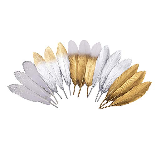 50Pcs 5 Style Natural Goose Feathers Clothing Accessories Pack of Mixed Siliver and Golden for Dream Catcher,Easter Decor,Christmas, Clothing,and Baby Shower Decorations