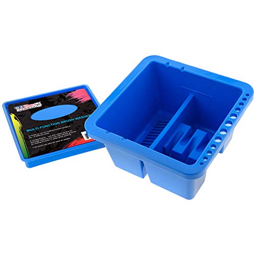 U.S. Art Supply 12 Hole Multi-Function Plastic Brush Washer, Cleaner and Holder with Palette Lid - Clean, Dry, Rest, Store, Hold Artist Paint Brushes - Cleaning Acrylic, Watercolor, Oil Painting