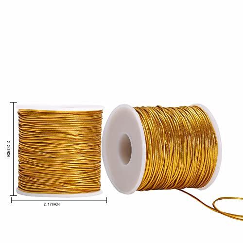 2 Rolls Metallic Elastic Cords Stretch Cord Ribbon Metallic Tinsel Cord Rope for Ornament Hanging, Decorating, Gift Wrapping, 1 mm 120 Yards (Gold)