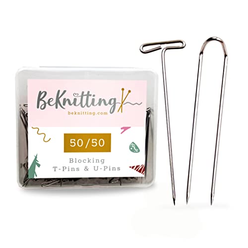 BeKnitting Assorted 100 Pack Blocking Pins Size 1.5 Inch - 50 T-Pins for Blocking Knitting, 50 U-Pins for Crafts