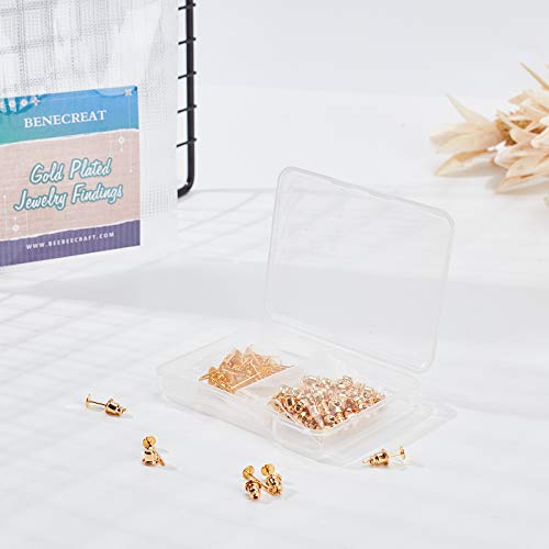 BENECREAT 50 Sets 18K Gold Plated Flat Earring Studs with Ear Nuts for DIY Earring Jewelry Making