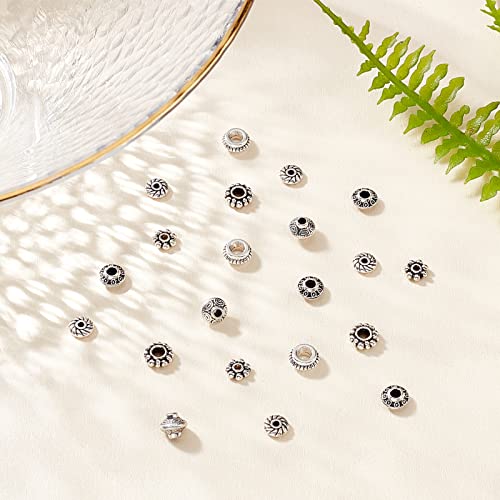 PH PandaHall 300pcs 6 Style Antique Silver Spacer Beads, Tibetan Metal Alloy Jewelry Beads Tube Spacers Flower Flat Rondelle Small Loose Beads for Bracelet Necklace Earring Jewelry Making Supplies