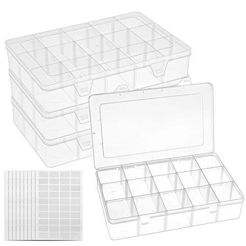 BAKHUK 4 Pack x 15 Grids Storage Container Plastic Washi Tape Organizer, 15 Compartments Clear Craft Box with Adjustable Divider Removable for Sewing, Tackle, Thread, Art DIY, Beads,10.8x6.5x2.2in