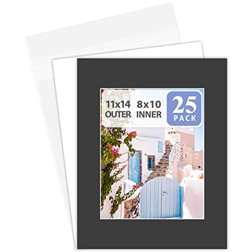 Golden State Art, Acid Free, Pack of 25 11x14 Black Picture Mats Mattes with White Core Bevel Cut for 8x10 Photo + Backing + Bags