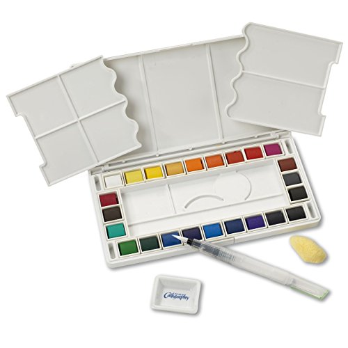 Jerry Q Art 24 Assorted Water Colors Travel Pocket Set- Quality Refillable Water Brush with Sponge - Easy to Blend Colors - Built in Palette - Perfect for Painting On The Go JQ-124