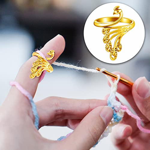 8 Pcs Knitting Loop Crochet Ring Adjustable Knitting Loop Ring Adjustable Braided Ring Metal Yarn Guide Finger Holder Peacock Open Finger Thimble Finger Crochet Ring Accessories for Crafts(Gold)