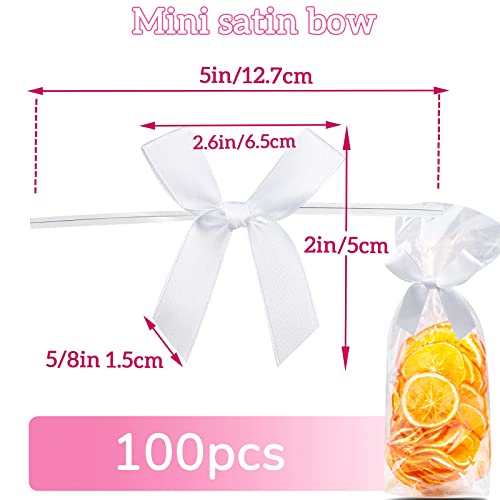 100 Pieces Mini Satin Ribbon Twist Tie Bows DIY Twist Bow Crafts Tying Up for Halloween Christmas Wedding Gift Wrapping Candy Treat Bags Decoration (White)