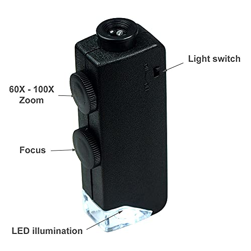 Mini 60X - 100X Zoom LED Lighted Microscope Jewelers Loupe Magnifying Glass for Jewelry Coins Gems Stamps Watches Rocks